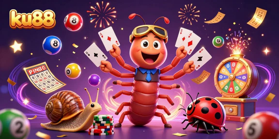 Engage with the ku88 casino scene featuring a cartoon millipede dealer and vibrant game elements.