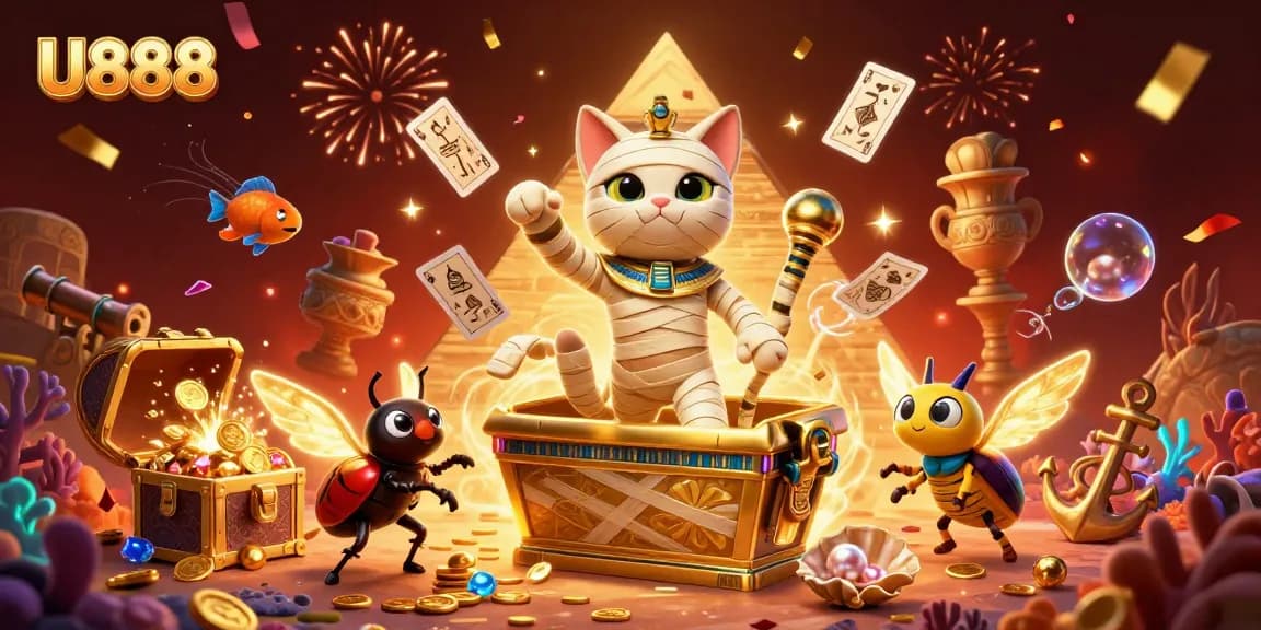 Experience U888's exciting 3D cat-themed casino adventure with treasure and festive magic.