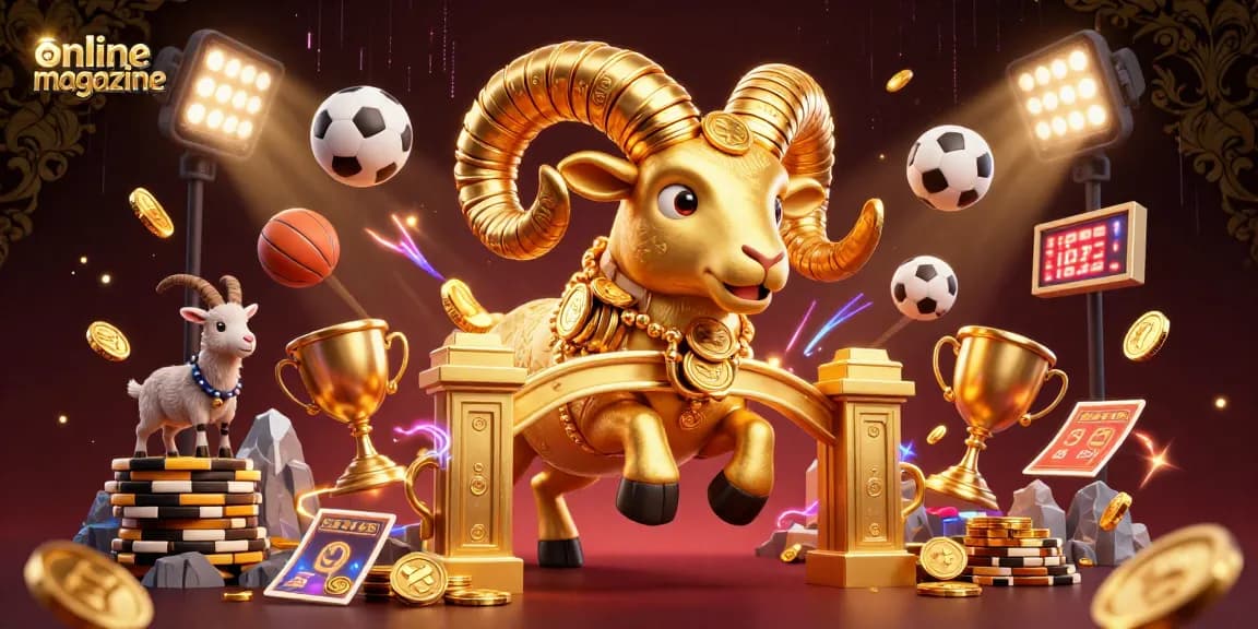 Dynamic online magazine promotional illustration featuring a golden ram charging at a casino, enriched with vibrant casino elements.
