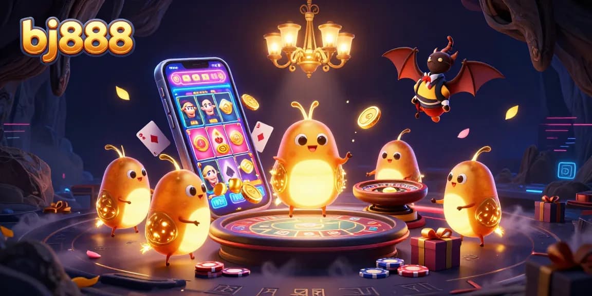 Experience the excitement of bj888 with a glowing casino scene animated by luminescent glowworms and a bat dealer.