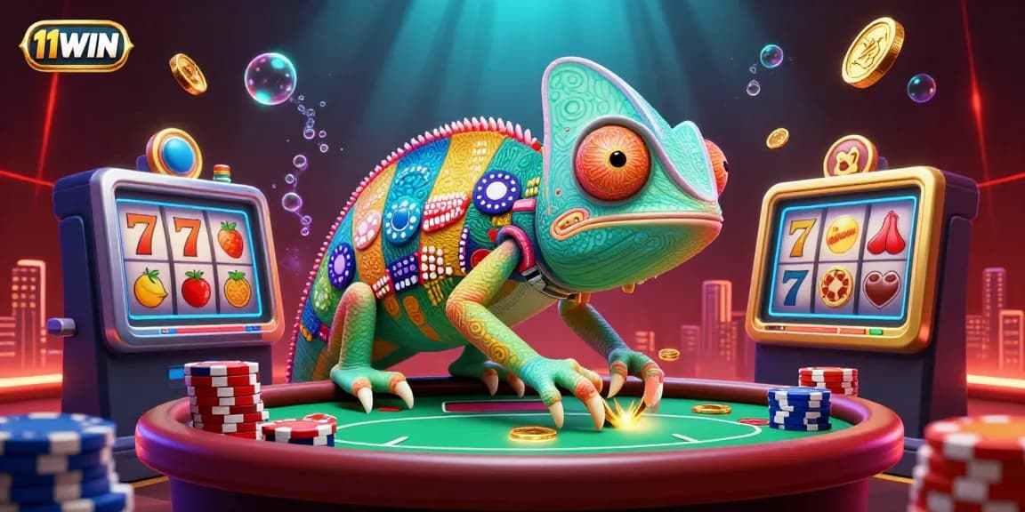 11WIN casino chameleon surrounded by vibrant slot reels and poker elements, capturing gamblers' excitement.