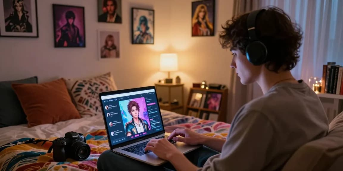 User interacting with ai nsfw platform in cozy bedroom setting, engaging with vibrant character avatars on laptop.