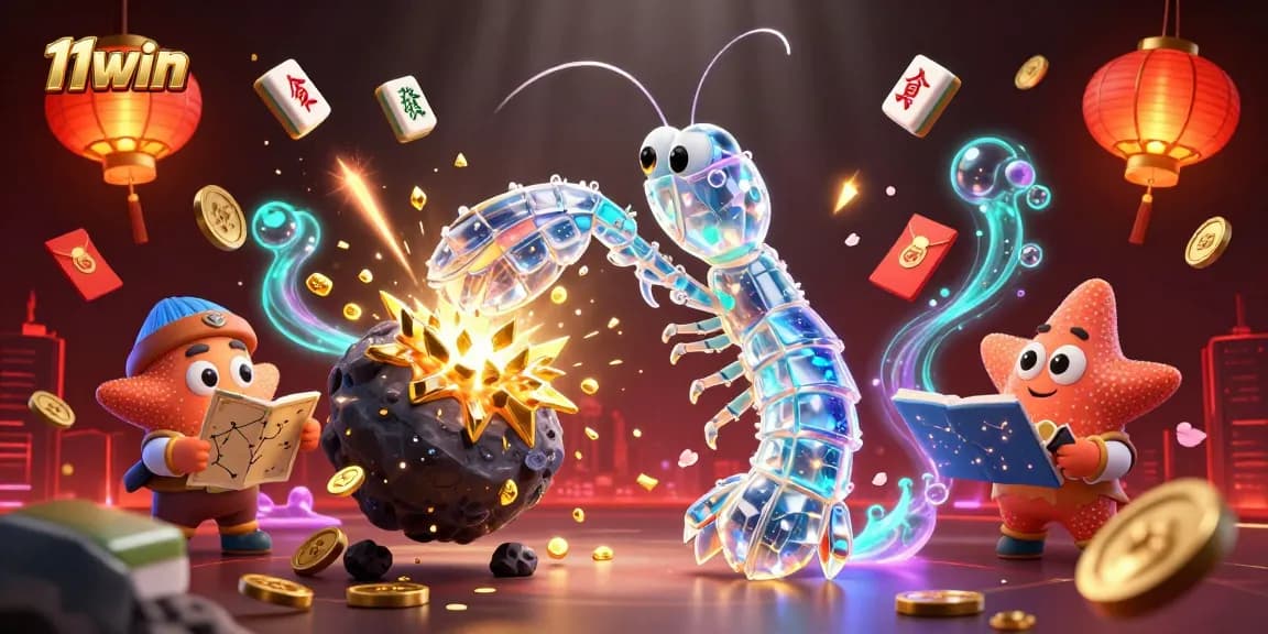 Experience the thrill of 11WIN with a dynamic illustration of a samurai shrimp fighting for treasure in a vibrant casino scene.