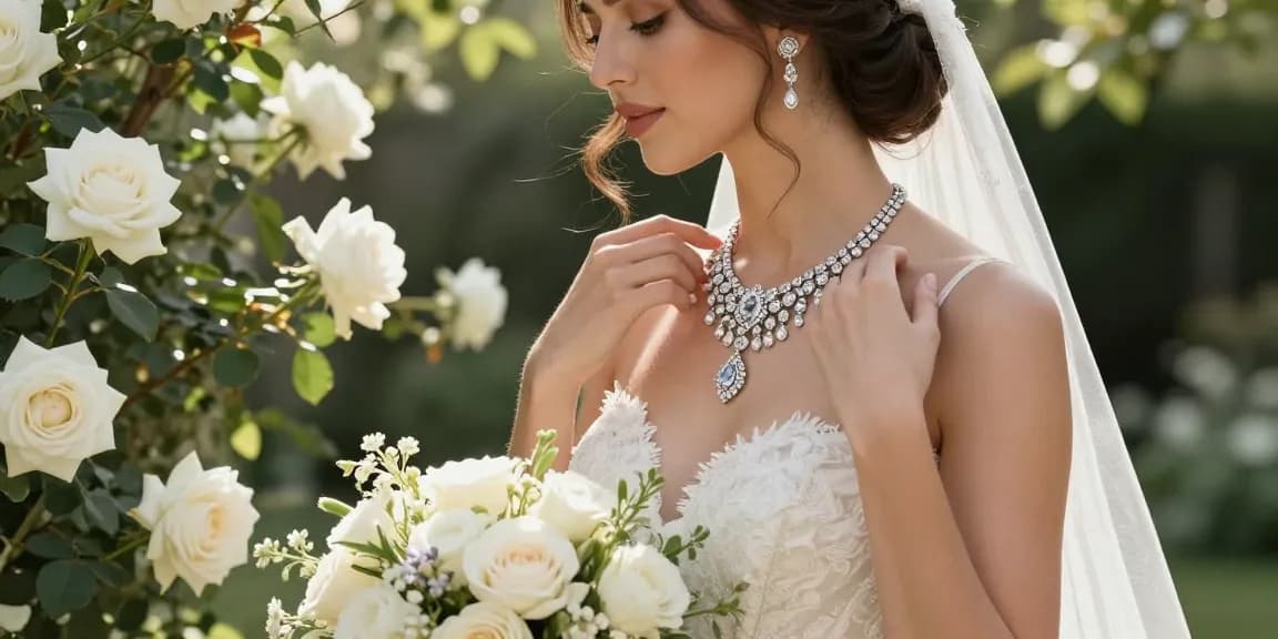 Stunning bride wearing luxury bridal jewellery in an elegant garden setting.