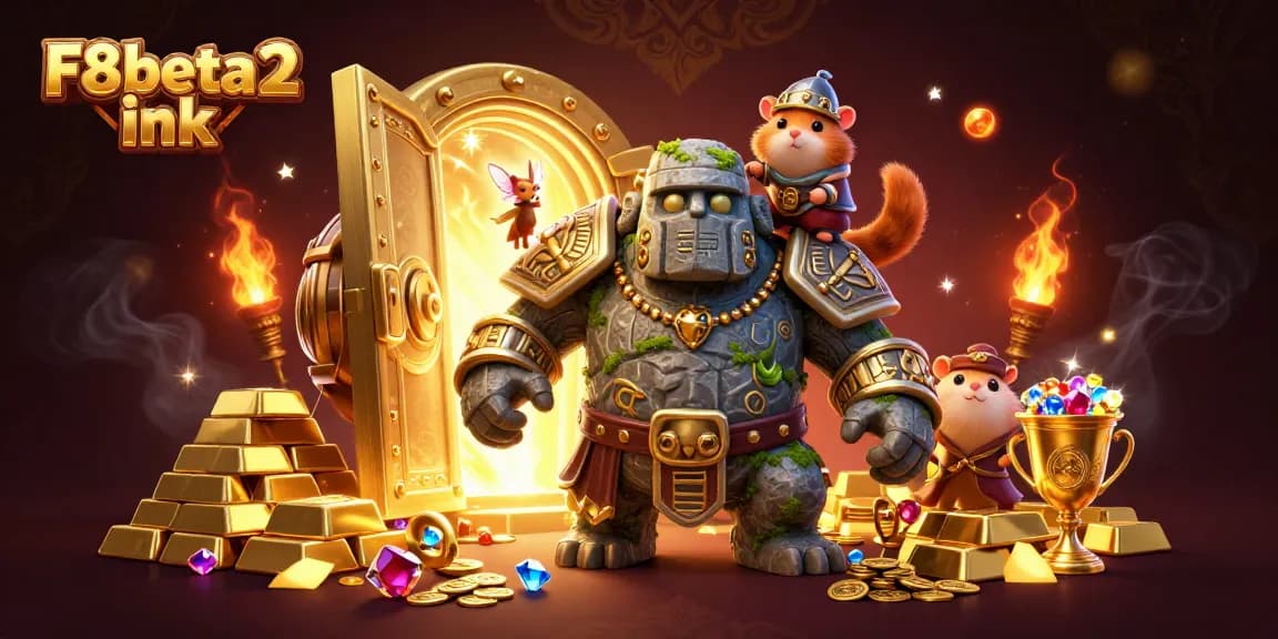 Witness exciting gaming adventures with F8beta2 ink as a golem and hamster knight conquer a treasure-filled casino scene.