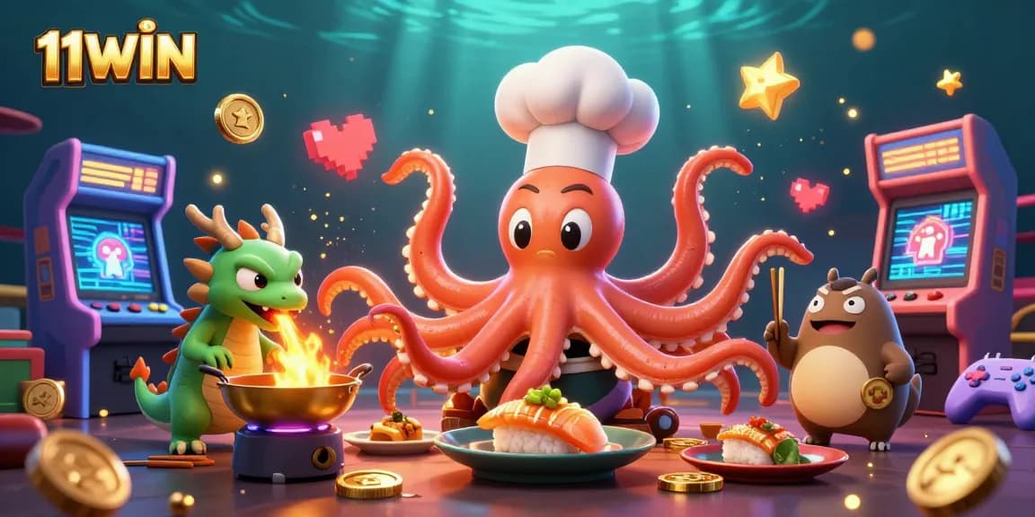 Experience the thrill of 11WIN with a sushi chef octopus and gaming madness!