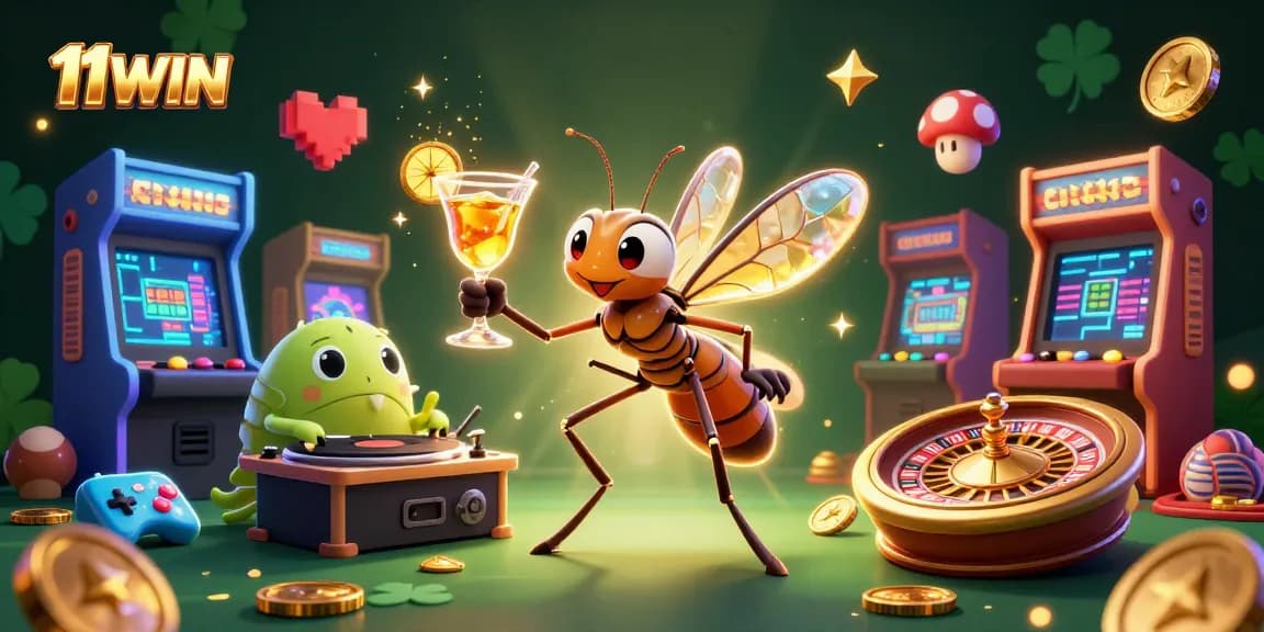 Experience gaming excitement with 11WIN in a vibrant 3D casino illustration featuring a unique mascot.