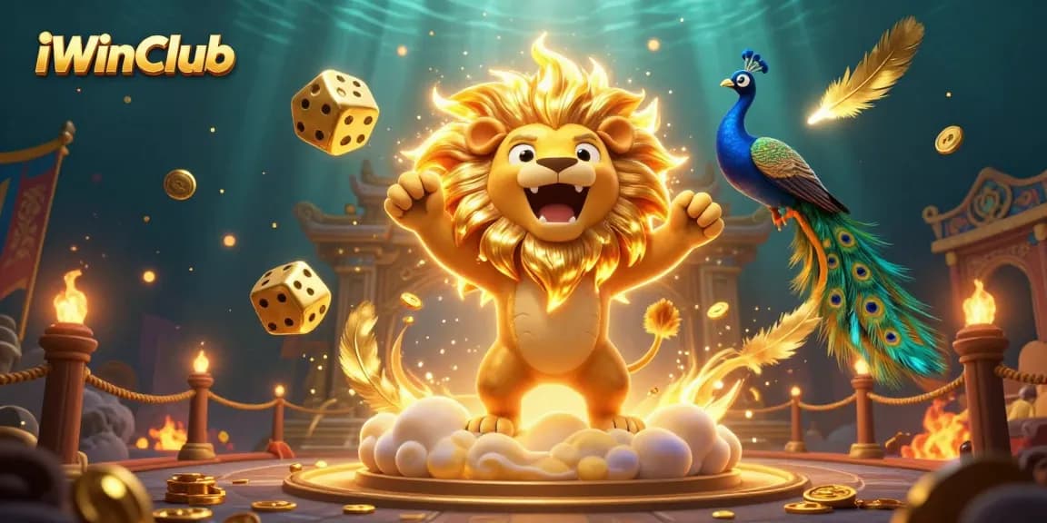 iWinClub showcases thrilling casino action with a roaring sun lion and golden dice in a vibrant 3D scene.