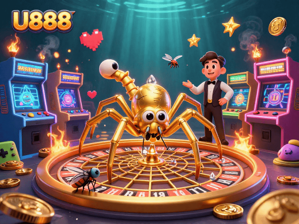 Experience thrilling bets and games with U888 in a vibrant casino-themed illustration.