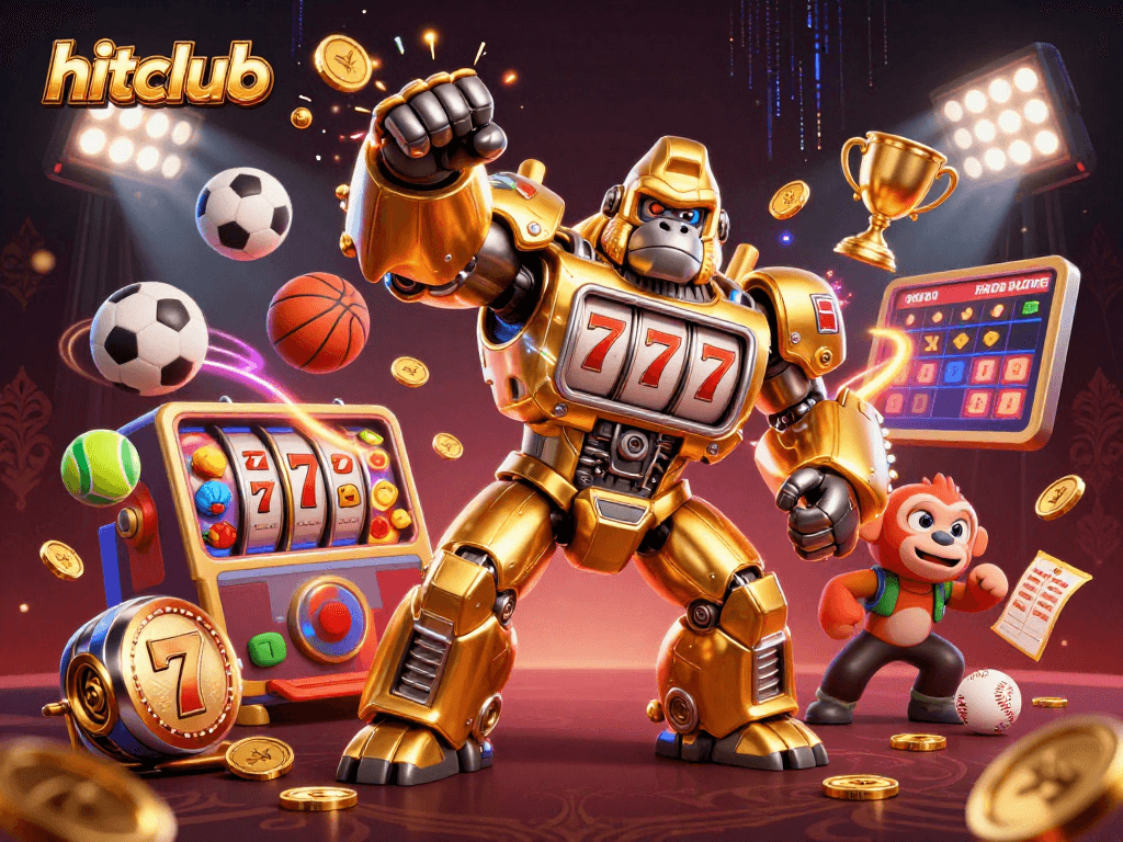 Hitclub's golden gorilla mech showcasing thrilling slots and sports elements in a dynamic casino scene.