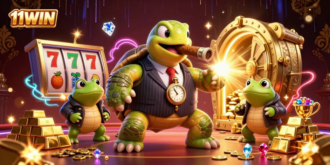 Join the 11WIN gaming action with vibrant elements and exciting characters in a casino setting.