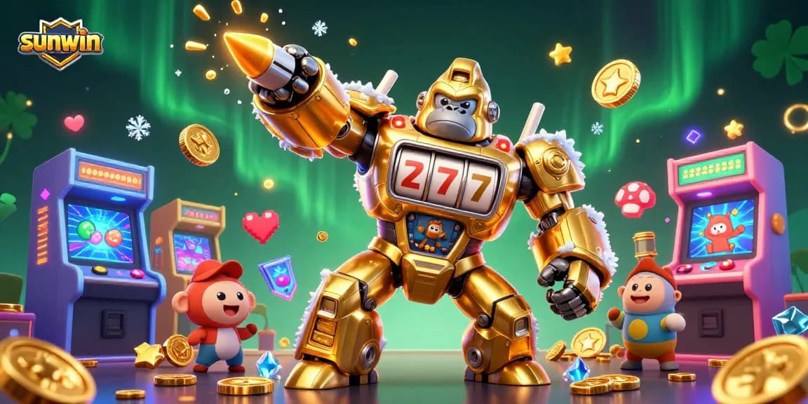 Experience thrilling gameplay with sunwin as a golden gorilla mech bursts with coins.