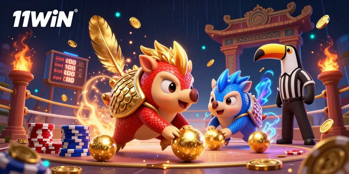 Engage in thrilling action with 11WIN as pangolins roll golden balls through poker chips in a vibrant casino arena.