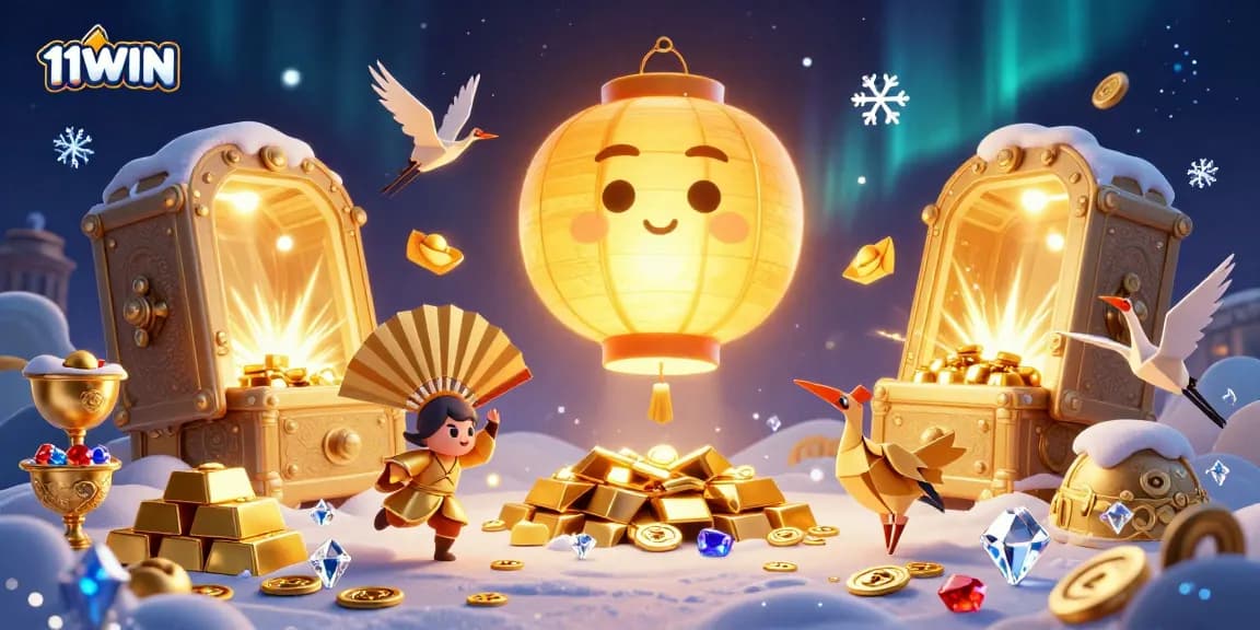 Win big with 11WIN at the vibrant casino scene featuring gold-filled treasures and dynamic characters.