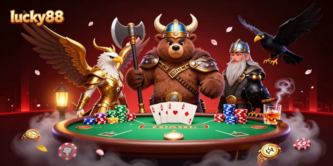 Engage in thrilling gameplay at lucky88 poker tables featuring Viking characters and vibrant casino elements.