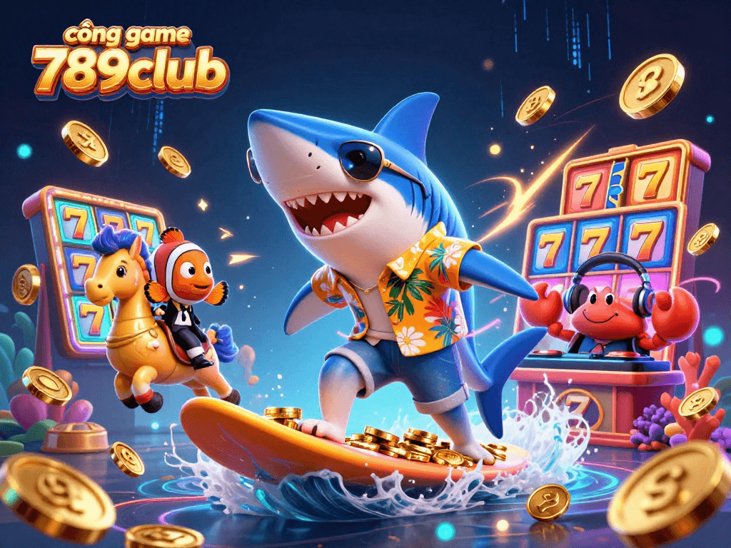 Experience the thrill of cổng game 789club with dynamic 3D illustrations of vibrant characters and gaming elements.