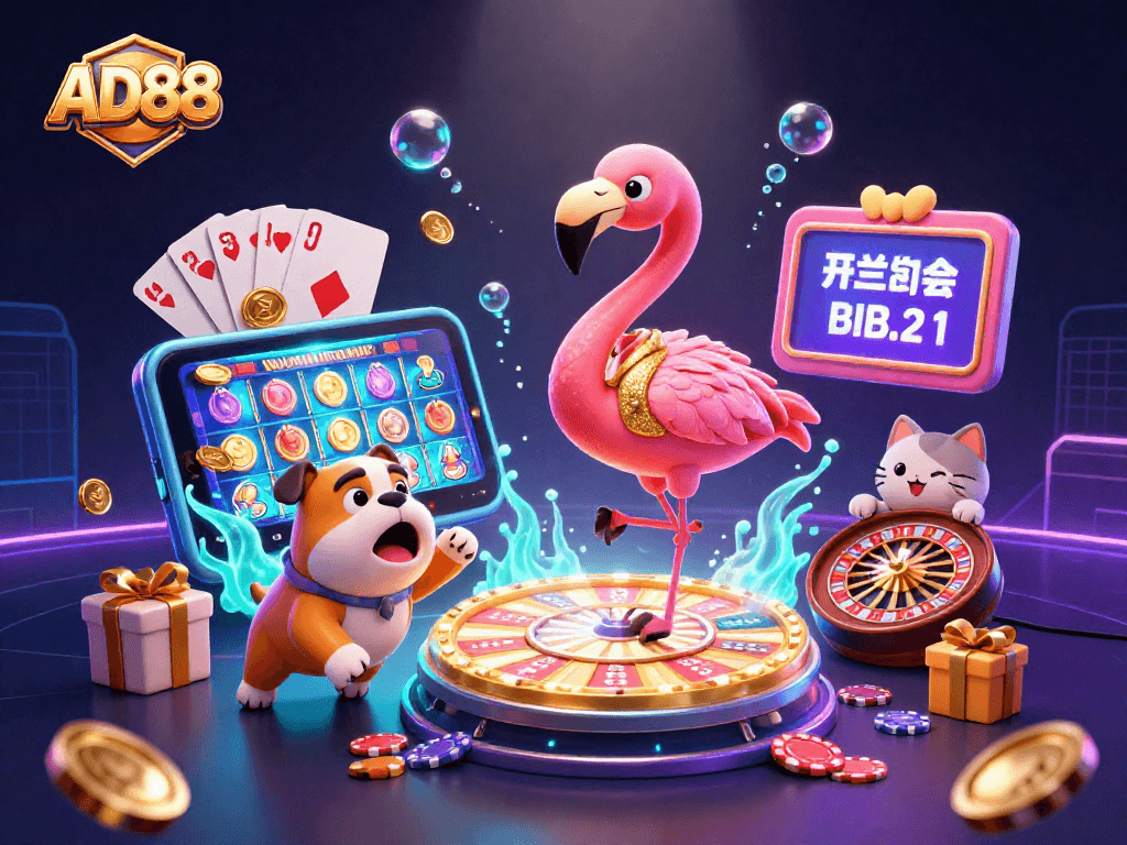 Enjoy the vibrant casino excitement at AD88 with a lively game show scene featuring prizes and thrilling games.