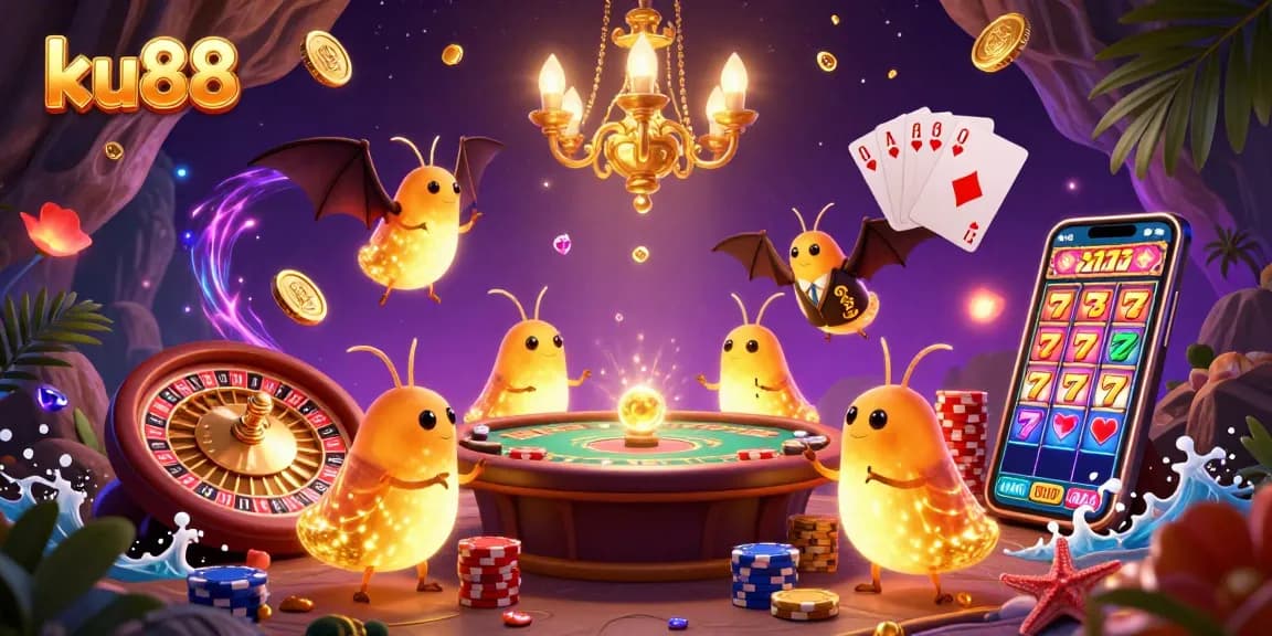 Experience the excitement at ku88 with glowing characters in a vibrant cave casino setting.