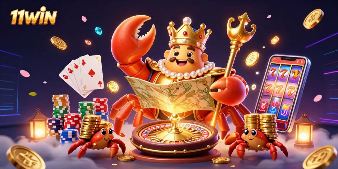 Engage with thrilling action at 11WIN's lavish casino featuring a colossal crab emperor and treasure-filled scenes.