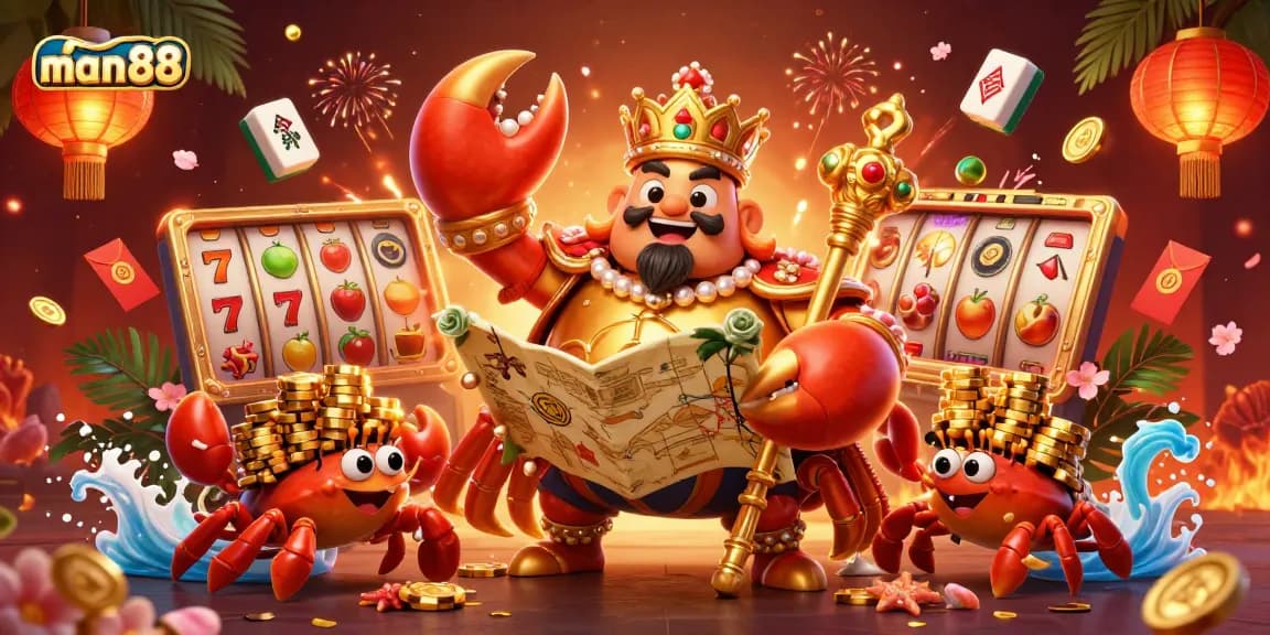 Experience exciting wins with man88, featuring a golden crab emperor and vibrant casino elements.