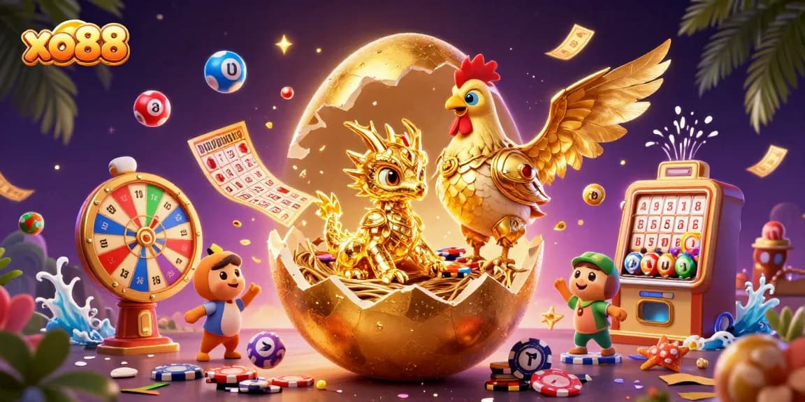 Engage with the thrilling xo88 gaming world as a baby dragon reveals gold on a nest of poker chips.
