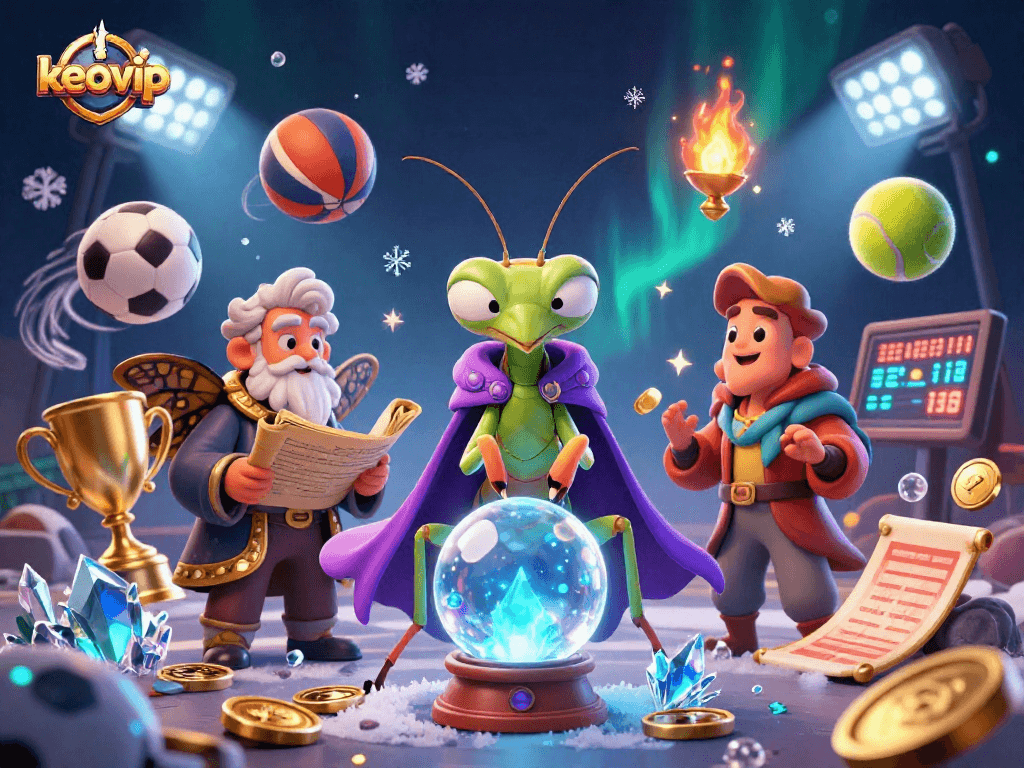 Engage with keovip's 3D cartoon fortune teller scene, showcasing sports elements and vibrant casino graphics.