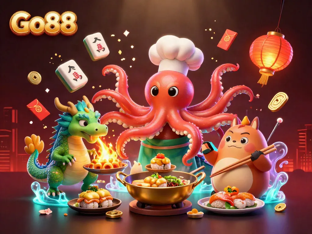 Experience thrilling games at Go88, featuring vibrant visuals of a sushi chef octopus and dragon.