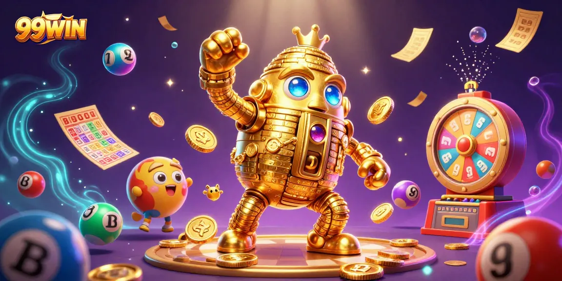 Experience the excitement at 99WIN with a dazzling golden golem, slot symbols, and bouncing lottery balls.