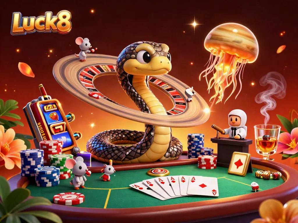 Watch tiny astronaut mice betting on Saturn's roulette wheel while the cosmic dealer oversees in the vibrant Luck8 casino scene.