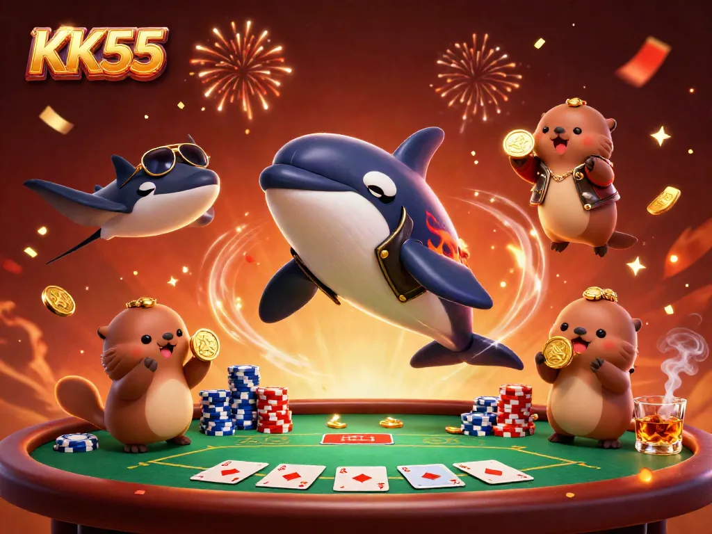 Engage in thrilling moments with KK55's dynamic characters enjoying casino gaming action.