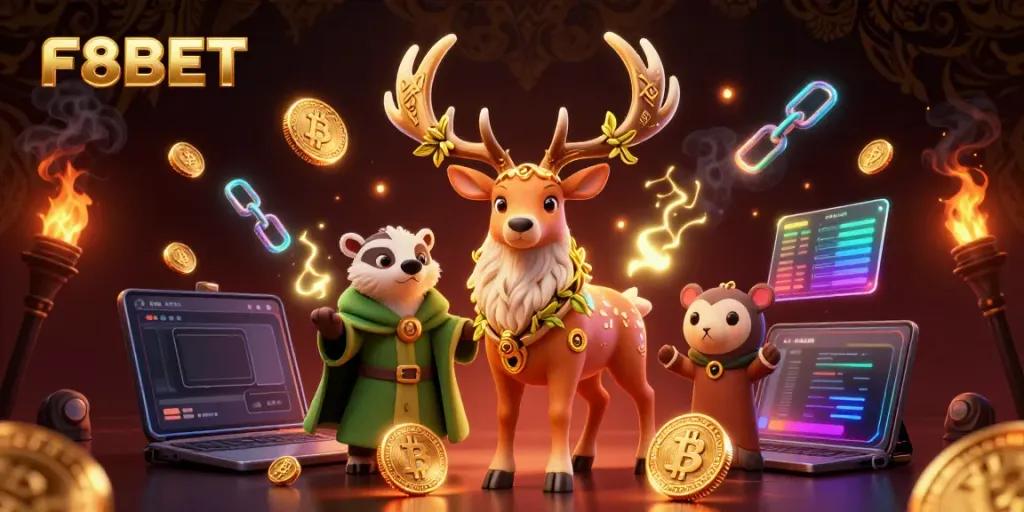 Experience F8BET with a vibrant 3D illustration showcasing a druid stag, a badger, and floating crypto coins.