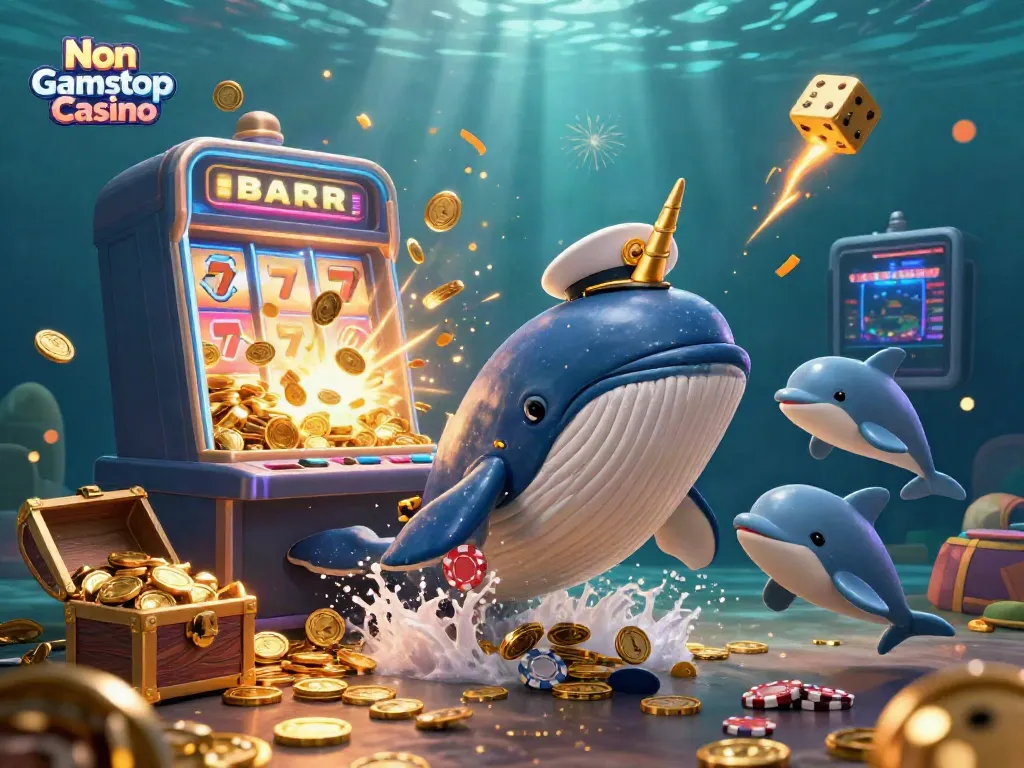 Experience the vibrant world of Non Gamstop Casino with a playful scene featuring a giant whale celebrating amidst symbols of winning.