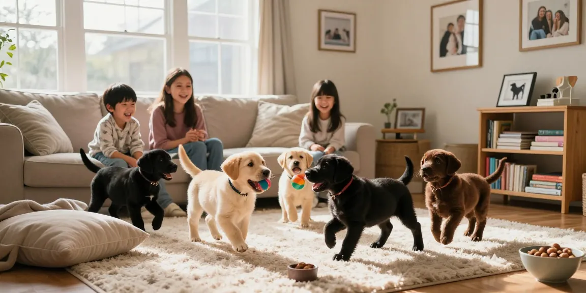 Labrador breeders showcasing playful puppies in a warm family living room.