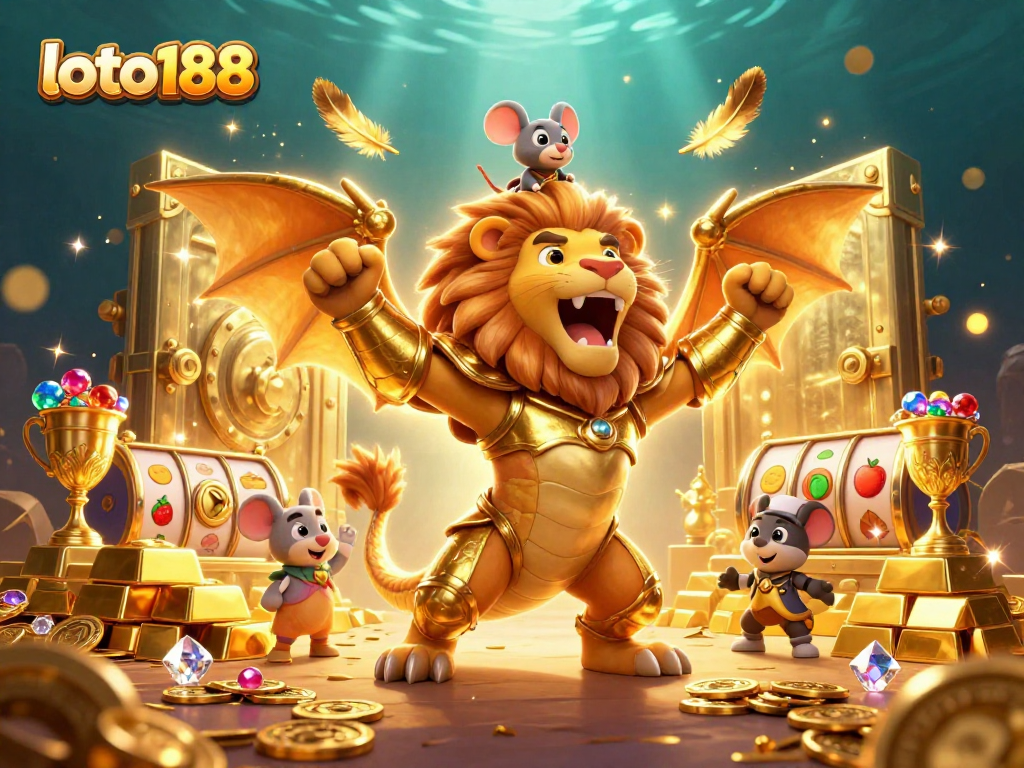 Engage with loto188's thrilling casino experience featuring a dynamic chimera creature and vibrant game elements.