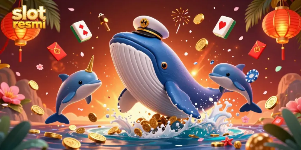Experience slot resmi in a vibrant 3D scene with a whale, narwhal, and dolphins surrounded by casino elements.