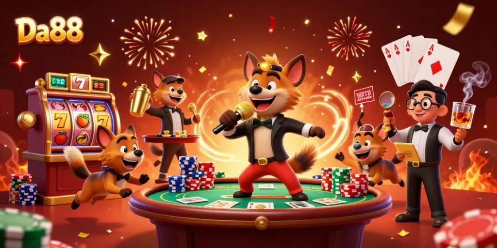 Experience thrilling gaming at Da88, where slot reels and lucky 7s create a lively casino atmosphere.