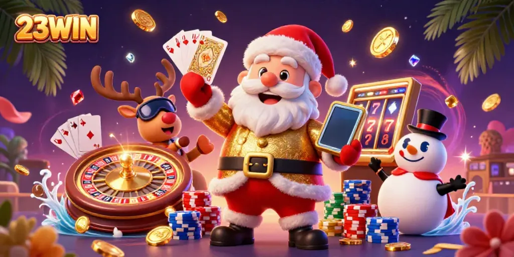 Join the excitement at 23WIN with Santa Claus and friends in this vibrant casino illustration.