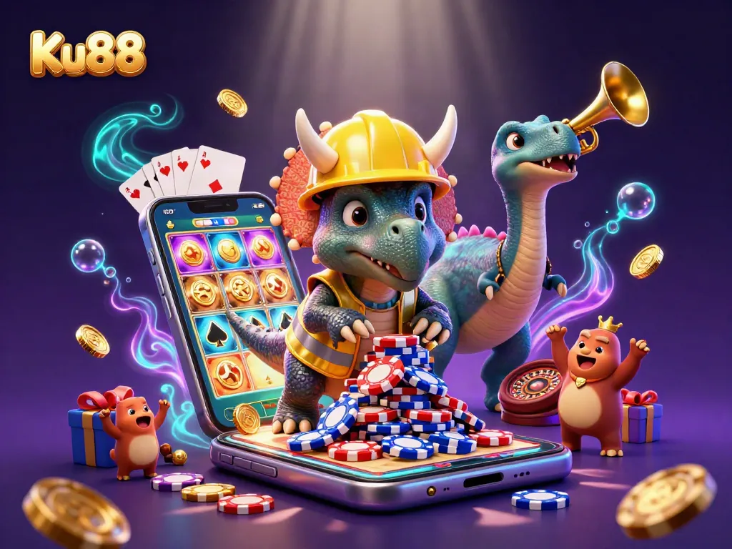 Bet on Ku88 while enjoying a grand celebration with poker chips and slot games in a vibrant casino