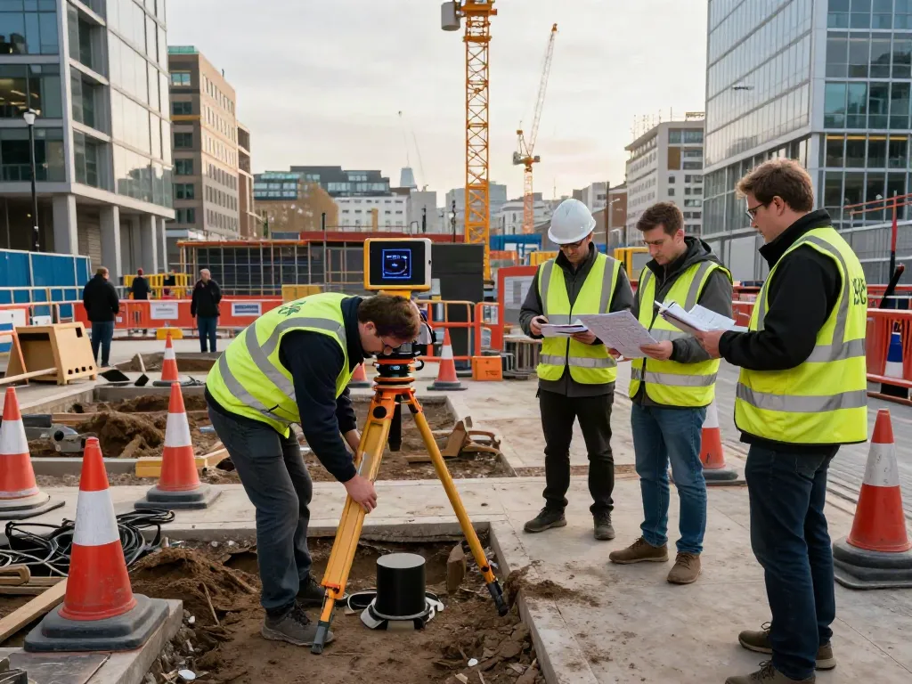 Utility Survey London professionals using GPR equipment at a construction site, capturing buried infrastructure.