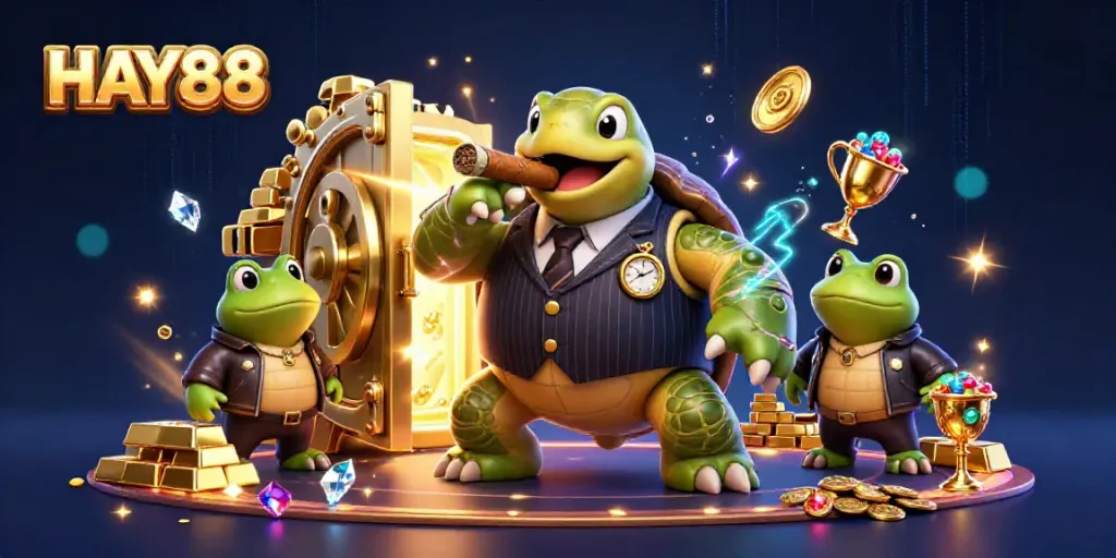Join the thrilling scene at HAY88 with a cartoon turtle mobster and bullfrogs, surrounded by treasure and gaming elements.