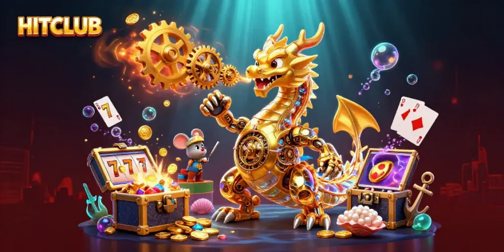 Experience thrilling gameplay at HITCLUB with a dynamic scene of winning elements and a golden dragon.