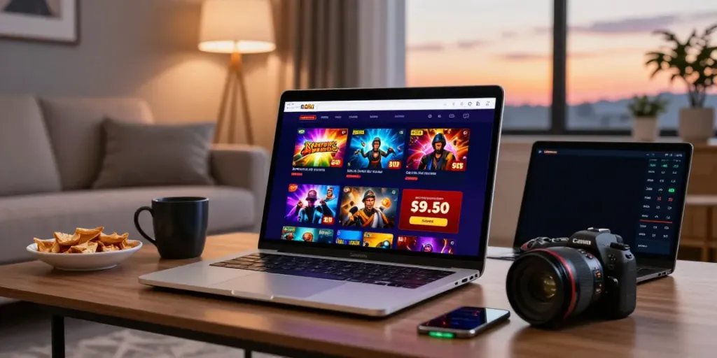 Exciting online gaming atmosphere featuring casinos not on gamstop on a laptop in a cozy home setting with snacks and sunset view.