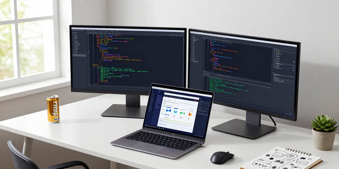 Developer using instant indexing tools on dual monitors in a bright workspace.