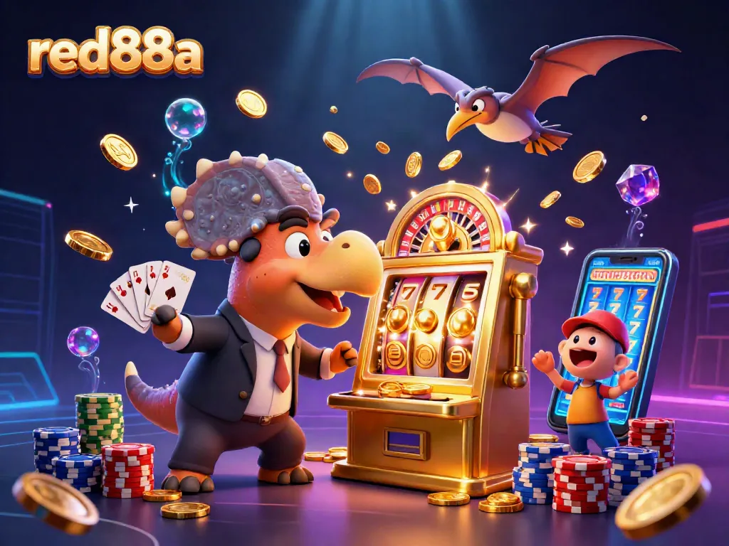 red88a jackpot scene with cartoon dinosaurs and dynamic casino elements.