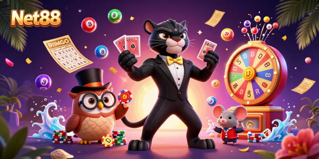 Experience thrilling gaming with Net88's vibrant atmosphere, showcasing excitement and luck.