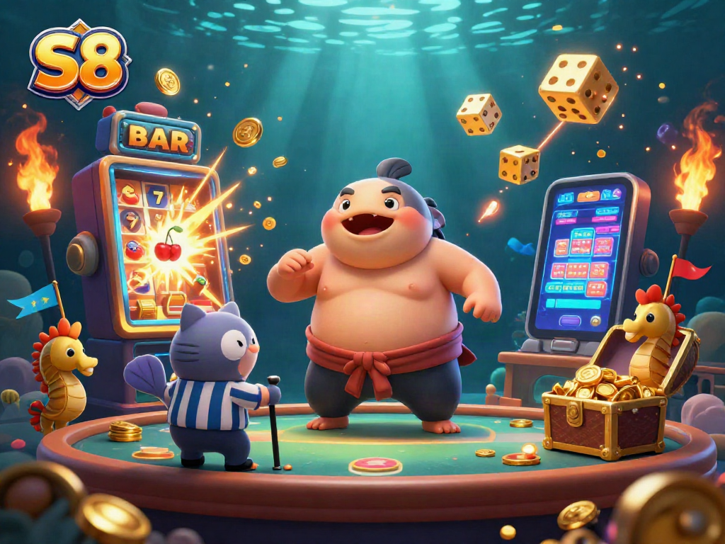 S8 jackpot celebration with 3D fugu, catfish referee, and seahorses in an underwater casino scene.