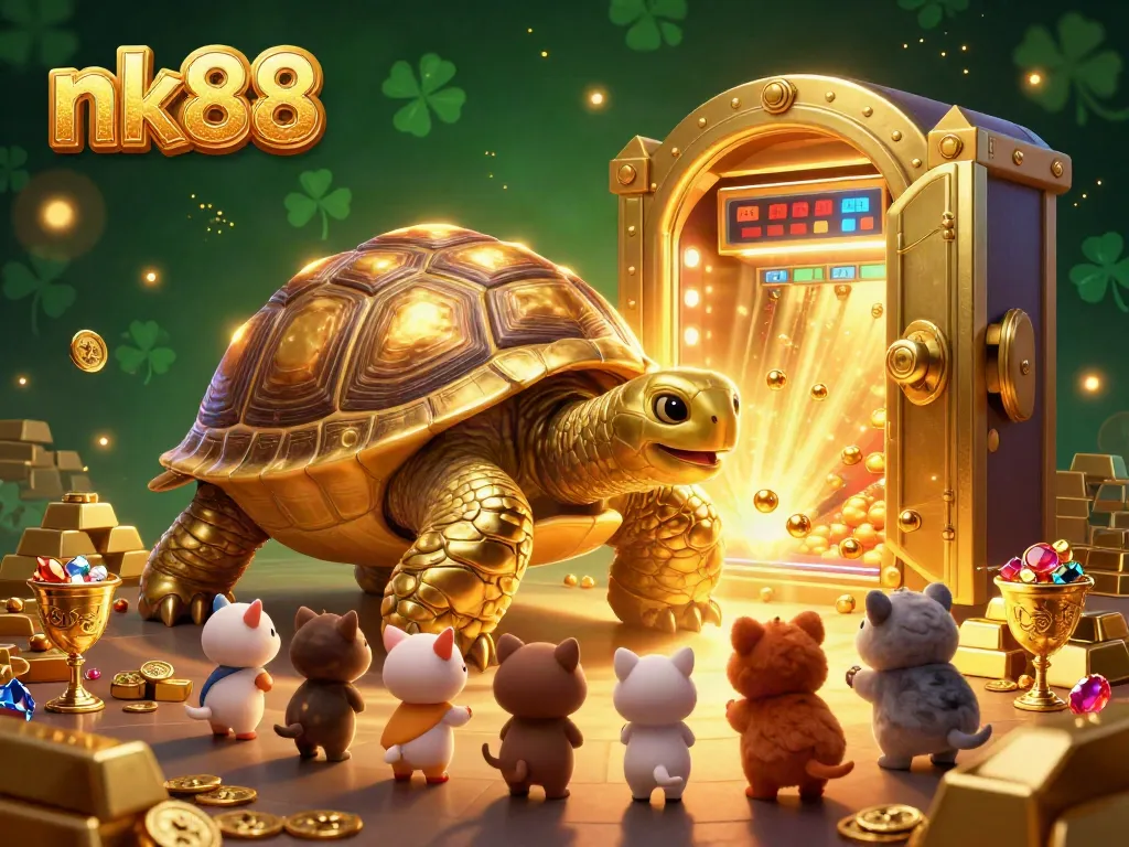 Engage with the vibrant nk88 casino scene featuring a colossal golden tortoise pinball, sparkling gems, and golden treasures.