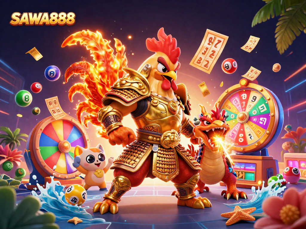 Experience thrilling gameplay at SAWA888 with a vibrant display of colorful lottery elements and dynamic characters.