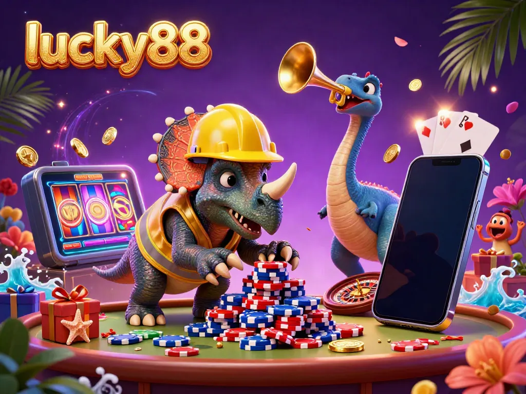 Join the fun at lucky88 with animated characters celebrating casino gaming in a vibrant 3D scene.