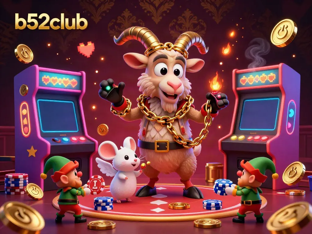 Experience thrill at b52club, a spooky casino scene with Krampus managing playful elves stealing chips.